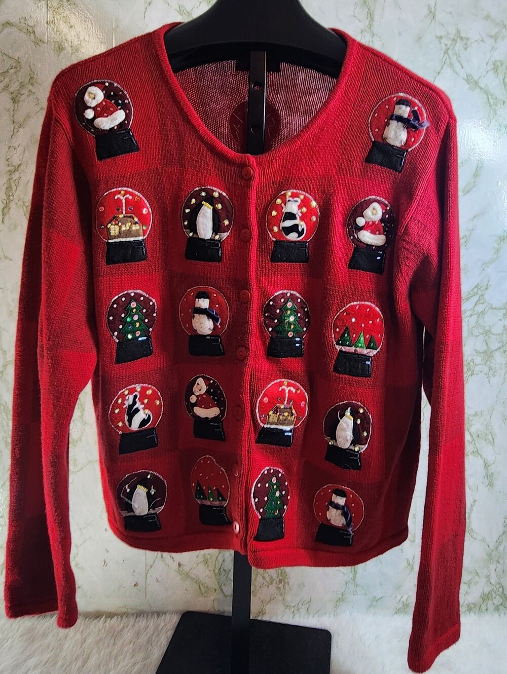 Vintage Holiday Lodge Ramie Cotton Applique Snowglobes Button Sweater